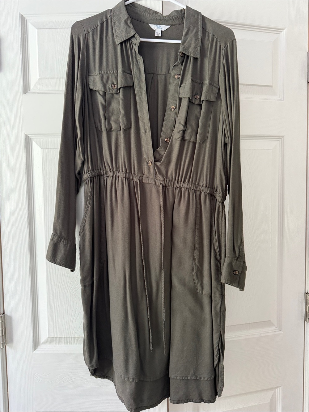 Time and Tru Olive Green Button-Front Midi Shirt Dress